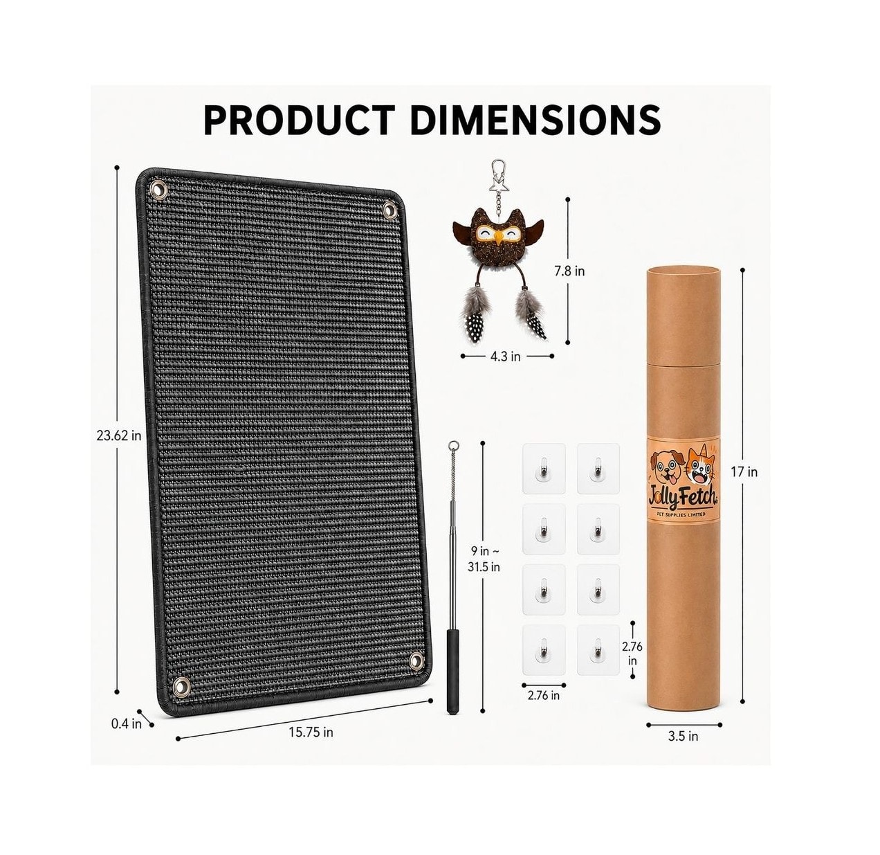 JollyFetch product dimensions — mat 23.62×15.75 in, owl toy 7.8 in, telescopic wand 9–31.5 in